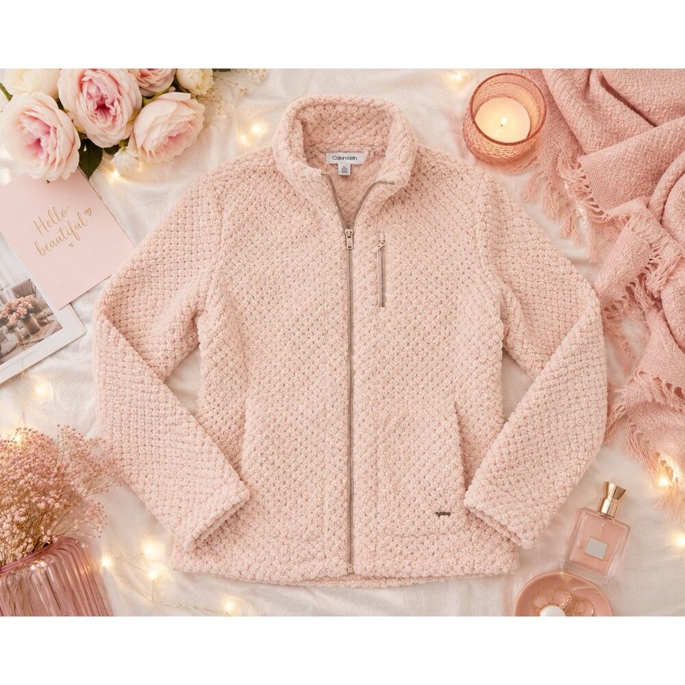 Calvin Klein Women’s Teddy Sherpa Zip Up Fleece, Cozy, Warm, Blush, Pink Size Sm